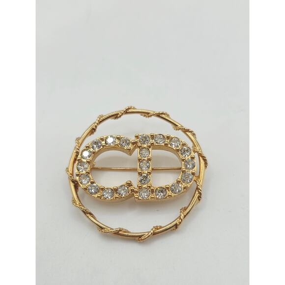 Christian Dior Gold-tone Crystal CD Logo Round Brooch - Picture 10 of 10